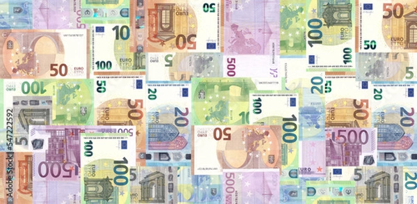 Obraz Seamless pattern of colorful euro banknotes. Banknotes of euros, Collage, Wrapping paper, Wallpaper