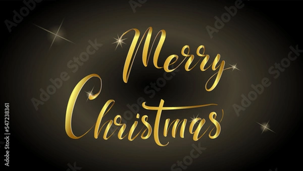 Fototapeta Festive abstract inscription Merry Christmas in the form of sparkling golden ribbons isolated on a dark background.