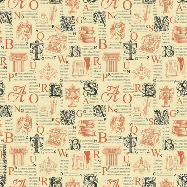 Fototapeta Vector seamless pattern with ornate initial letters and literary illustrations on printed page background. Unreadable text, capital letters and sketches. Suitable for Wallpaper, wrapping paper, fabric