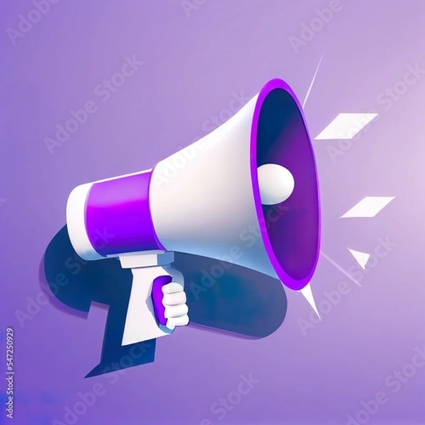 Fototapeta Cartoon hand holding megaphone with speech bubble on purple background with copy space. 3d render illustration