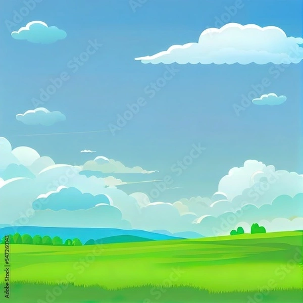 Fototapeta 2d illustrated cartoon meadow landscape with grass. Blue sky with white clouds. Flat valley landscape. Empty green field with trees on sunny summer day. Green hills landscape background, empty glade