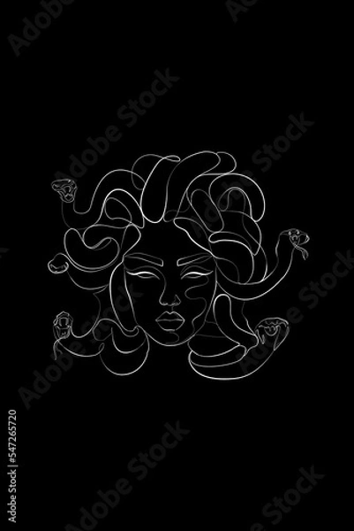 Obraz Medusa, Greek Mythology. Minimal one line female face, modern art for posters, story, tattoo. Medusa, Printable One Line Drawing, Feminine Continuous Lines, Minimalist Artwork, Face Line, White line