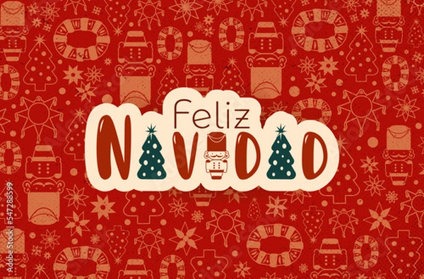 Obraz Poster/tarjeta de feliz navidad con iconos navideños en fondo rojo