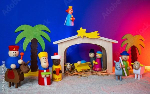 Fototapeta Weihnachtskrippe mit Holzfiguren