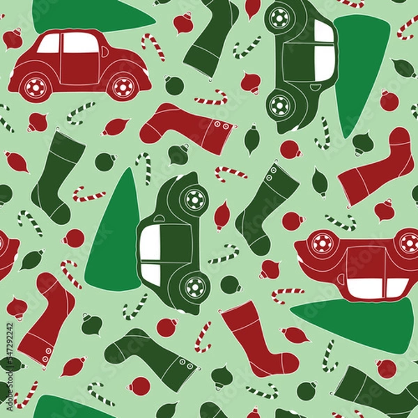 Fototapeta Christmas Red and Green Cars, Stockings, Candy Canes, and Ornaments Surface Design Textiles Seamless Repeat Pattern Design on Green Background