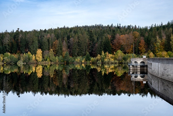 Obraz Trees on the shore of a lake with reflections in the water with a damn in frame