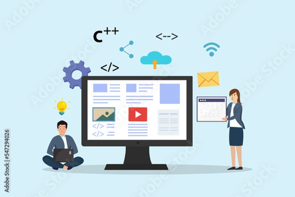 Fototapeta Business team maintenance website page and content, flat design illustration