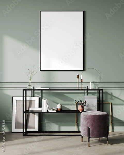 Fototapeta Blank vertical poster frame mock up in scandinavian style living room interior, modern living room interior background, pink pouf and console, 3d rendering