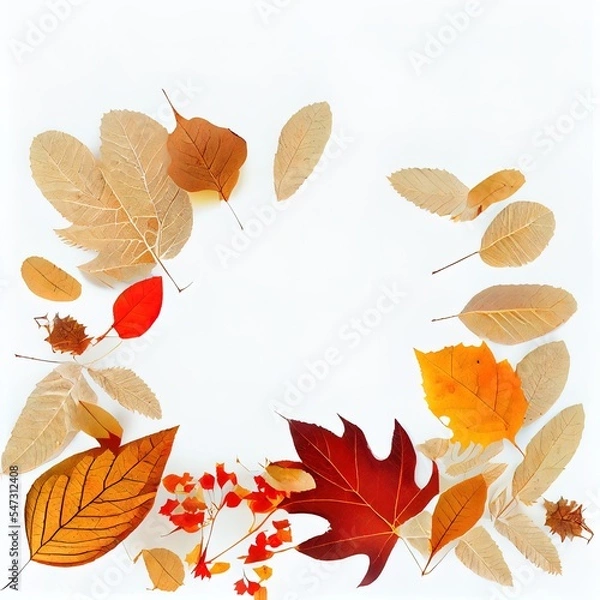 Fototapeta Autumn composition Dried leaves on white background Autumn, fall, thanksgiving day concept Flat lay, top view, copy space , anime style