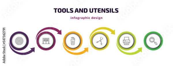 Fototapeta tools and utensils infographic template with icons and 6 step or option. tools and utensils icons such as target circles, doors, trash can open, forceps, print button, magnifier vector. can be used