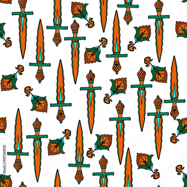 Fototapeta Patterns depicting medieval weapons, swords and a pickaxe. Design for printing on fabrics, wallpaper, covers, stationery, backdrop for games.