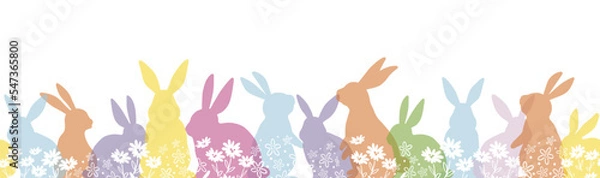 Fototapeta Happy Easter Vector Seamless Background With Colorful Easter Bunny Silhouette Isolated On A White Background. Horizontally Repeatable. 