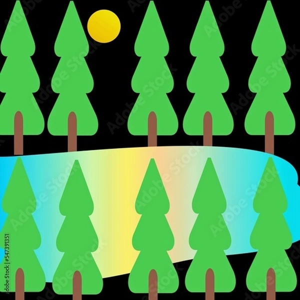 Fototapeta Graphic illustration of night scenery with fullmoon,river and trees.Super bright neon illustration