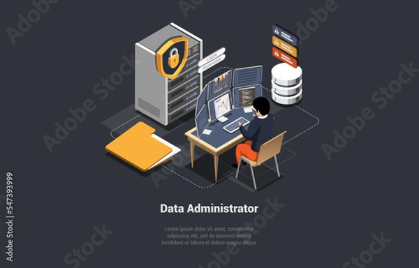 Fototapeta Big Data Administrator Concept. Server Room With Hardware Racks or Web Hosting Infrastructure. Character Controls of Working Big Data Storage and Cloud Computing. Isometric 3d Vector illustration.
