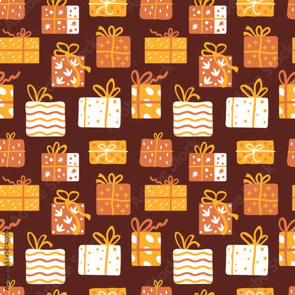 Obraz Seamless pattern with Christmas presents, various wrapped gift boxes