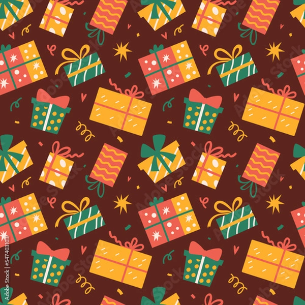 Obraz Seamless pattern with Christmas presents, various wrapped gift boxes