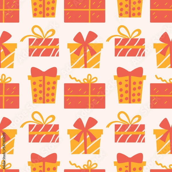 Obraz Seamless pattern with Christmas presents, various wrapped gift boxes