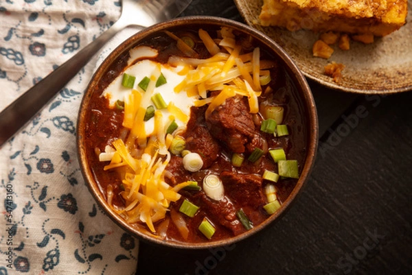 Obraz Texas Chili in Rustic Bowl with cornbread