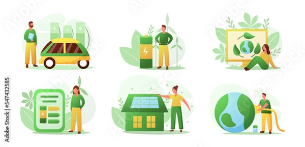Fototapeta Sustainable home. Eco friendly car. Green planet. Ecology conservation technologies concepts set. Electric charging. Renewable energy. House environment. Vector illustration infographic