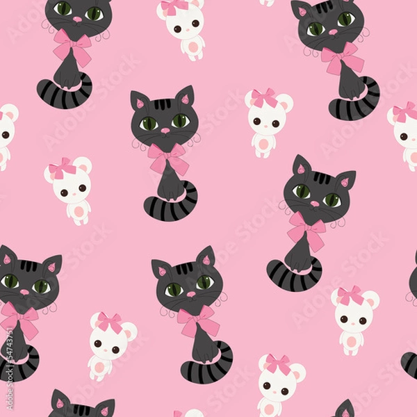 Fototapeta Seamless pink wallpaper with black cat and white mouse