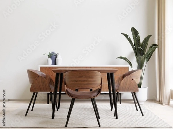 Fototapeta Dining room and kitchen copy space on white background, front view,3D rendering