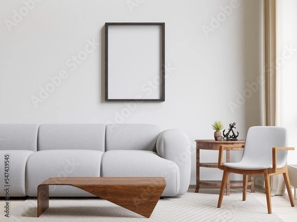 Fototapeta 3D rendering minimal style living room with wooden floor ,white wall,big window,carpet
