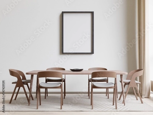 Fototapeta Dining room and kitchen copy space on white background, front view,3D rendering