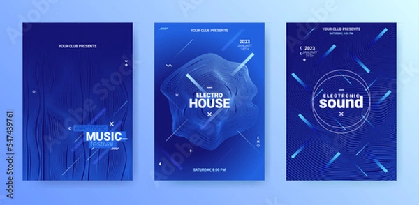 Fototapeta Techno Sound Flyer Set. Electronic Music Poster. Party Dance Cover. Vector Dj Background. Edm Techno Sound Flyer. Geometric Festival Banner. Gradient Wave Movement. Abstract Techno Sound Flyers.