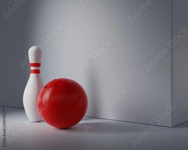 Obraz White skittle and red bowling ball against the wall. Abstract illustration for bowling game advertising background image. 3d rendering