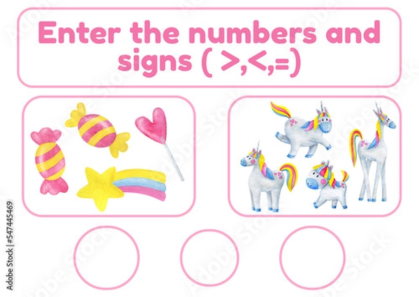 Fototapeta Activity page, sheet for kids. Arithmetic task for comparing numbers. Winter game for teaching a child. Exercise with a snowflake pattern. Counting lesson for preschooler more, less, equal