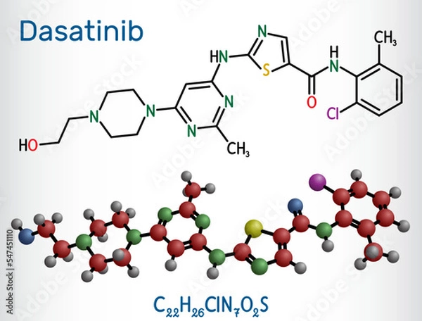 Fototapeta Dasatinib molecule. It is used to treat of myelogenous leukemia, CML, and acute lymphoblastic leukemia, ALL. Structural chemical formula, molecule model.