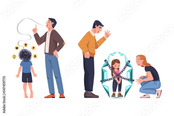 Fototapeta Mother and Father with Son and Daughter Having Problematic Communication Vector Set