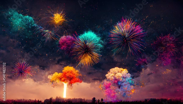Fototapeta Bright festival fireworks. AI render