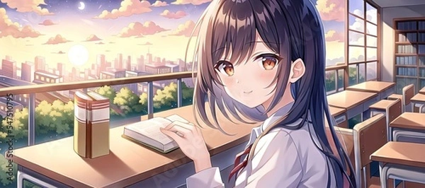 Fototapeta Art for anime series. Girl. Sunset. Cloud. Launch. AI generated art illustration.