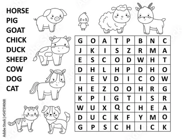 Fototapeta Word search game for children. Crossword with farm animals. Educational puzzle. Printable worksheet. Coloring page for kids. Find words in a table. Vector illustration.