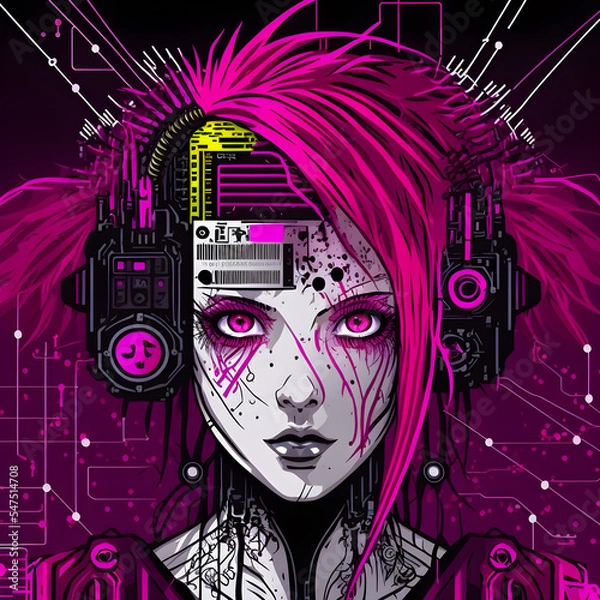Obraz Cyberpunk woman, schematic, project engineering style
