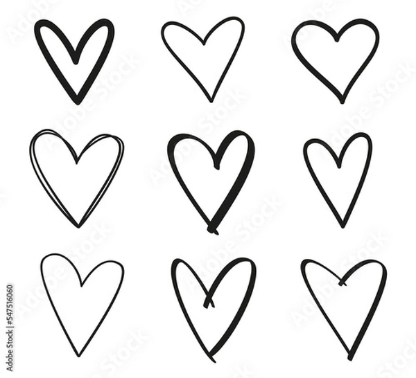 Fototapeta Hand drawn grunge hearts on isolated white background. Set of love signs. Unique image for design. Black and white illustration. Sketchy elements for design