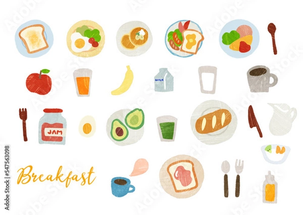 Obraz かわいい手描きの朝ごはんのイラストセット