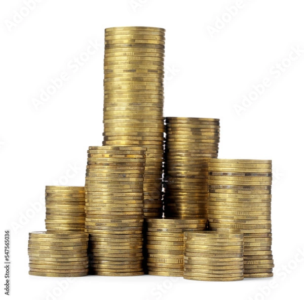 Fototapeta Many golden coins stacked on white background