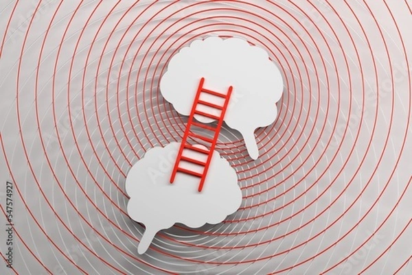 Obraz Illustration with two brains, emitted waves and ladder symbolizing mind contact, learning