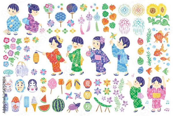 Obraz 夏祭り　縁日を浴衣で楽しむ子どもたち　イラスト素材セット