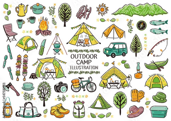 Obraz アウトドア　レジャー　キャンプ　アイコン　イラストセット　線画