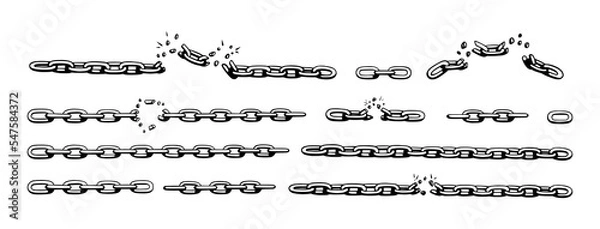 Fototapeta Broken chain with shatters as symbol of strength and freedom. Sketch of metal chains. Vector illustration isolated in white background