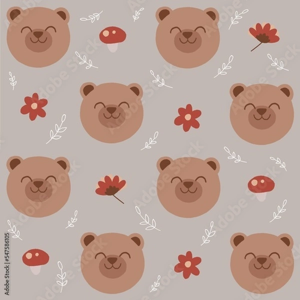 Obraz seamless pattern with teddy bearsmushroom flower leaves