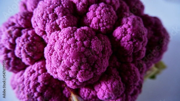 Fototapeta Top view whole violet cauliflower, isolated, closeup and selective focus.
