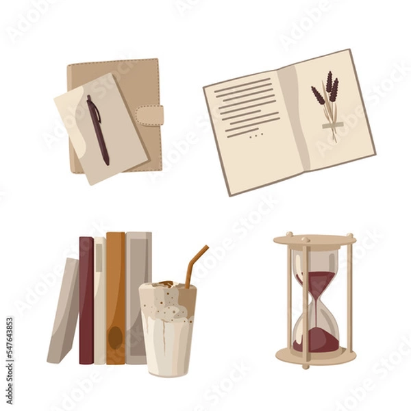 Fototapeta Vector elements on the theme of learning: books, a notebook with a pen and an hourglass