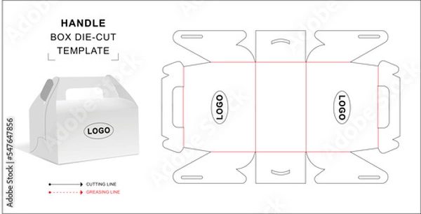 Fototapeta Handle box die cut template with 3D blank vector mockup for food packaging