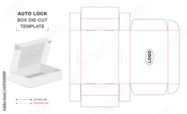 Fototapeta Auto lock box die cut template with 3D blank vector mockup for food packaging