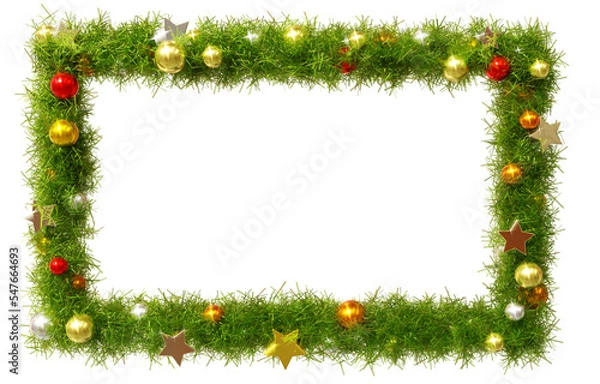 Fototapeta Beautiful christmas wreath 1 to 1.68 rectangle frame with shiny stars and colorful orbs, on transparent background (RGBA 3D Rendering PNG)