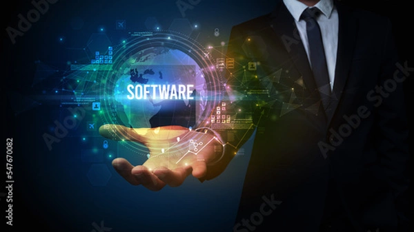 Fototapeta Elegant hand holding technology-related inscription